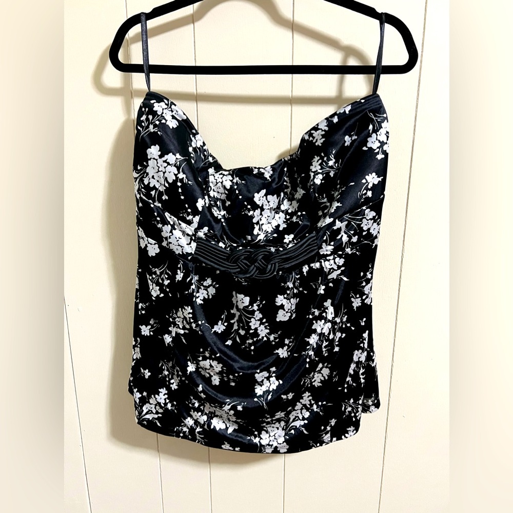Black and White Floral Satin Cowl Neck Tank Top